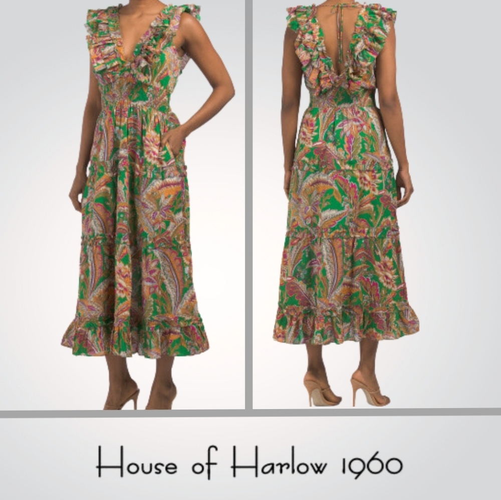 House of Harlow 1960 Green Floral Maxi Dress Ruffled Flared With Pockets Size S